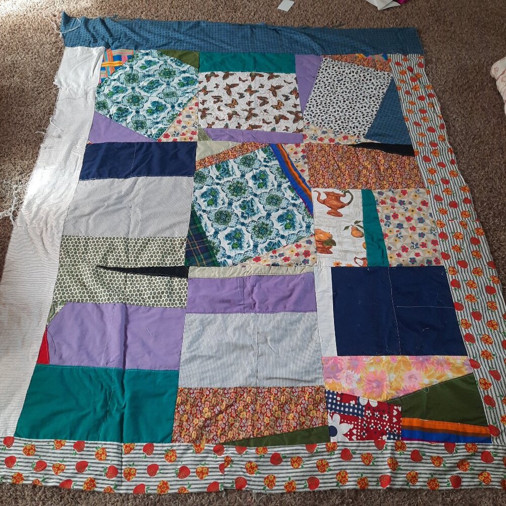 Unfinished Crazy Quilt Topper 63"x75" Retro Vintage 70s Fabrics Project Piece